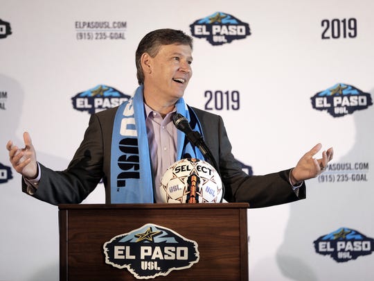 El Paso USL President Alan Ledford reacts to the crowdu2019s sighs after telling them he was not announcing the teamu2019s name during a news conference Wednesday at Southwest University Park. He did, however, introduce the teamu2019s new head coach, Mark Lowry.