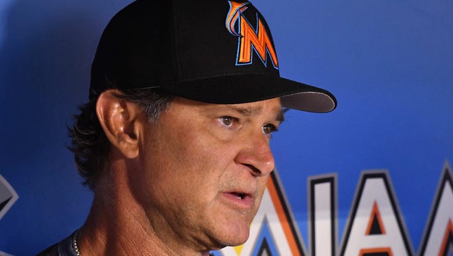 Jun 28, 2017; Miami, FL, USA; Miami Marlins manager Don Mattingly (8) fields questions from the media prior to a game against the New York Mets at Marlins Park.