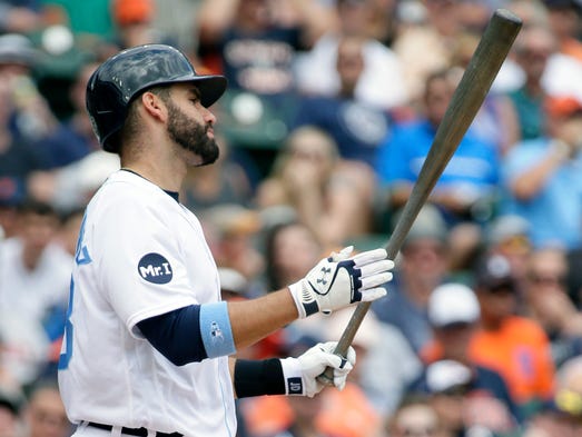 Tigers rightfielder J.D. Martinez reacts after striking