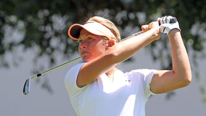 Suzann Pettersen tees off on the first hole during the third round of the KPMG Women's PGA Championship at Westchester Country Club June 13, 2015.