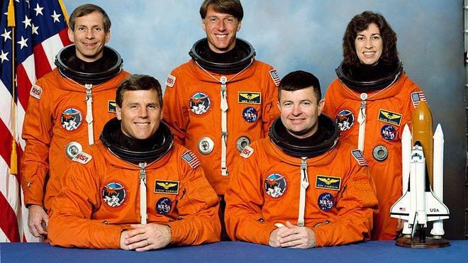 The STS-56 crew portrait includes five astronauts. Seated from the left are Stephen S. Oswald, pilot; and Kenneth D. Cameron, commander. Standing, from the left, are mission specialists Kenneth D. Cockrell, C. Michael Foale, and Ellen Ochoa. The crew launched aboard the Space Shuttle Discovery on April 8, 1993 at 1:29:00 am (EDT) with the Atmospheric Laboratory for Applications and Science-2 (ATLAS-2) as the primary payload.