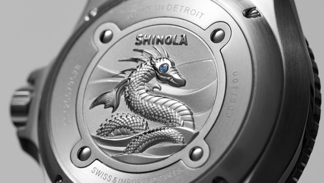 The underside of Shinola's first dive watch, the Lake Erie Monster, offers an image of the Great Lakes creature.