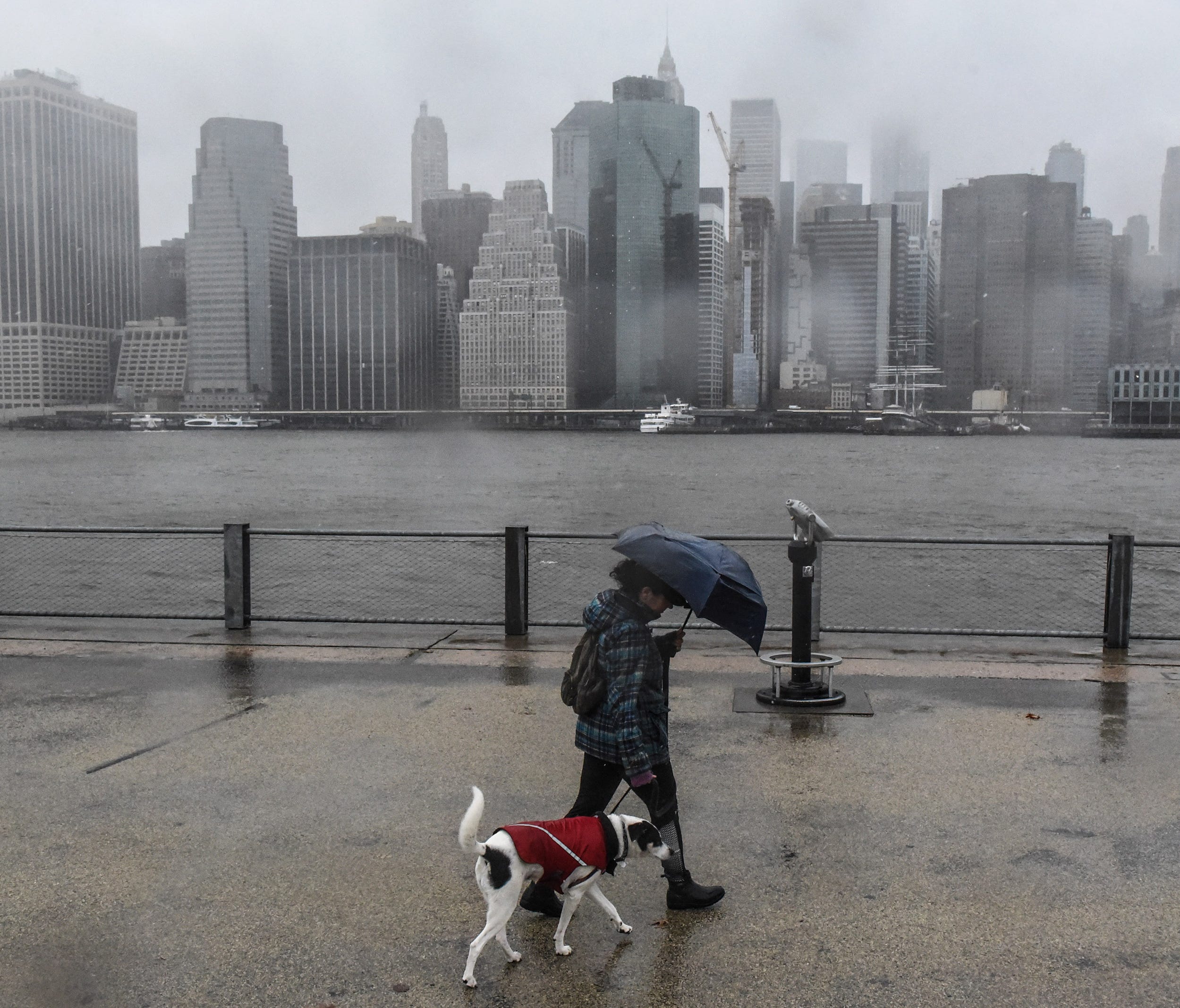 A woman walks her dog past a foggy view of the Manhattan skyline on March 2, 2018, ahead of the last nor'easter to slam the Northeast.