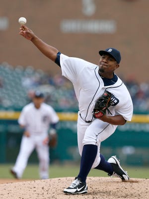 Detroit Tigers' Angel Nesbitt pitching in the seventh inning of their 11-0 win over the Minnesota Twins on Wednesday April 8, 2015 in Detroit.