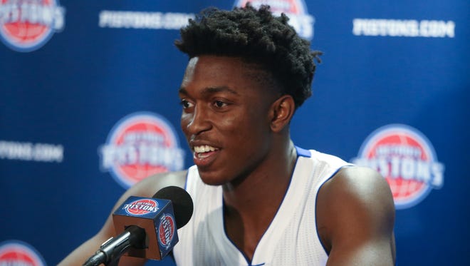Detroit Pistons rookie Stanley Johnson talks with reporters during Pistons media day September 28, 2015 at The Palace of Auburn Hills.
