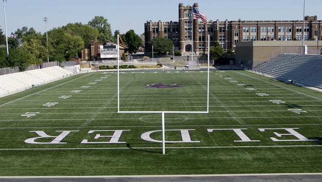 Elder Stadium, or as it's commonly known, "The Pit." The football stadium, designed by students and built by community members, is a cement horseshoe-shaped structure that seats 10,000. Photos taken at Elder High School, 3900 Vincent Avenue, on September 1, 2010.