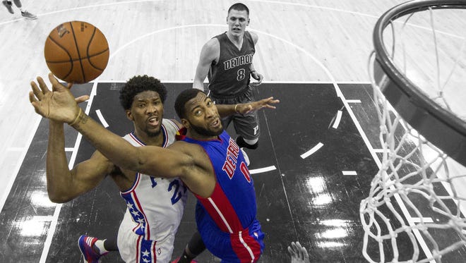 Pistons center Andre Drummond, right, and 76ers center Joel Embiid have a little war brewing after a feud in the press earlier this season.
