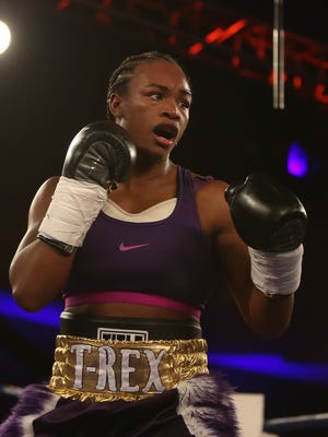 Claressa Shields fights against Szilvia Szabados during the second round of the NABF middleweight championship fight Saturday at the MGM Grand Detroit on March 11, 2017.