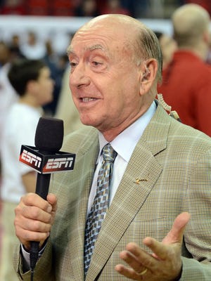 A 2014 photo of ESPN commentator Dick Vitale talking on camera before a game between the North Carolina State Wolfpack and the North Carolina Tar Heels.