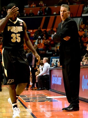 Boilermakers head coach Matt Painter expresses displeasure with guard Rapheal Davis (35) during the second half at State Farm Center. Illinois beat Purdue 84 to 70.