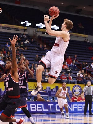 Steven Wronkoski shoots as the Ragin' Cajuns blow by South Alabama into the semifinals of the Sun Belt Tournament.