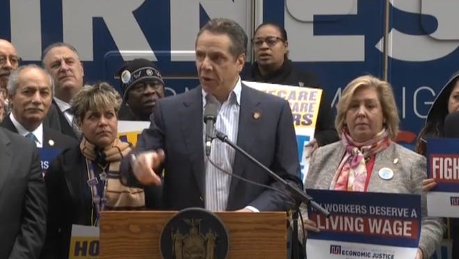 Gov. Andrew Cuomo started a bus tour Tuesday, Feb. 23, 2016, to press for a $15 minimum wage