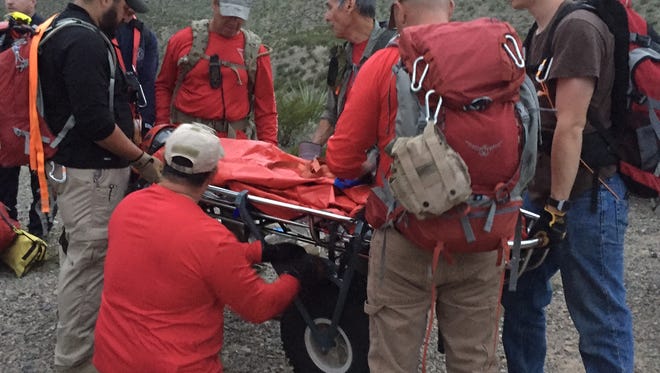 Members of Mesilla Valley Search and Rescue tend to an injured woman on a search in southern New Mexico in mid-October. On another recent search, the MVSAR team used an unmanned aerial vehicle, or drone, to find a missing person.
