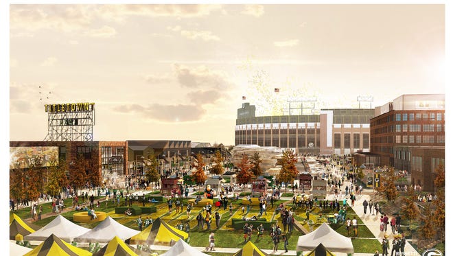 An artist's conceptual rendering shows a fall scene in the Titletown District's public plaza, with Lambeau Field in the background.