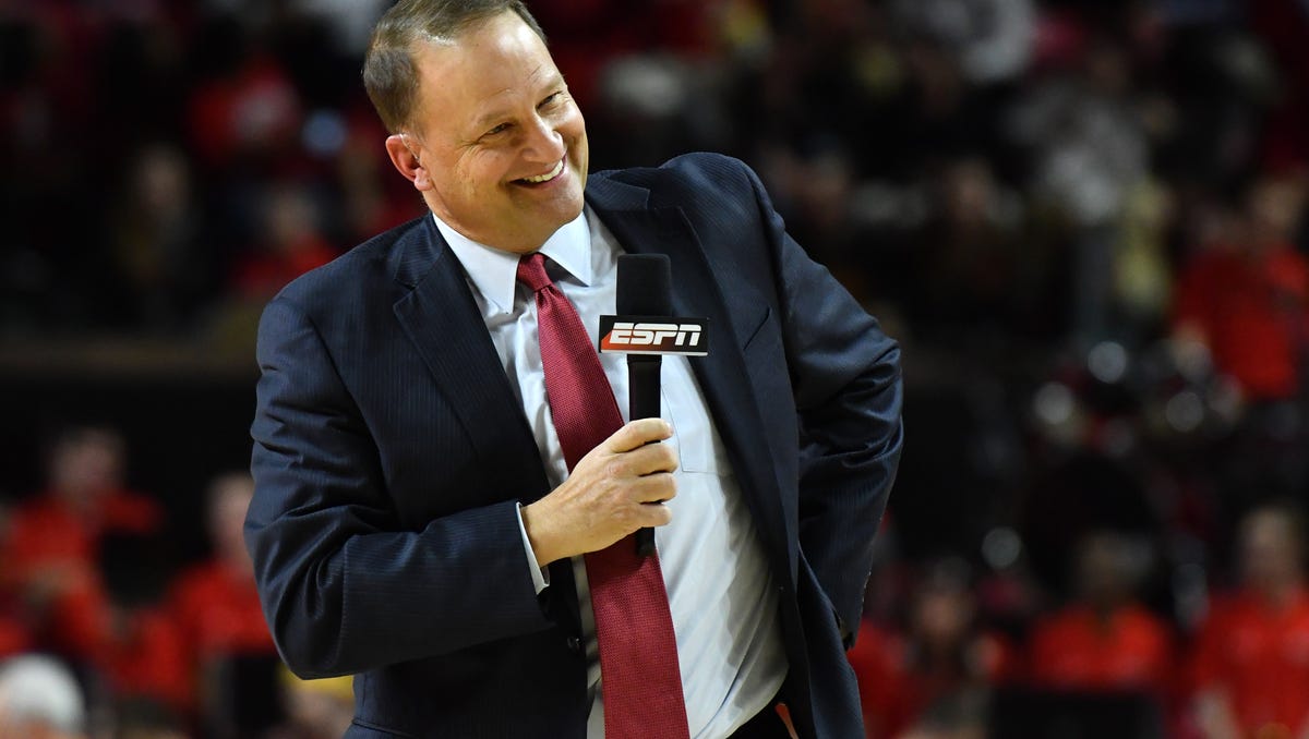 ESPN commentator Dan Dakich stands on the court during the first half of the game between the Maryland Terrapins and the Indiana Hoosiers at Xfinity Center.