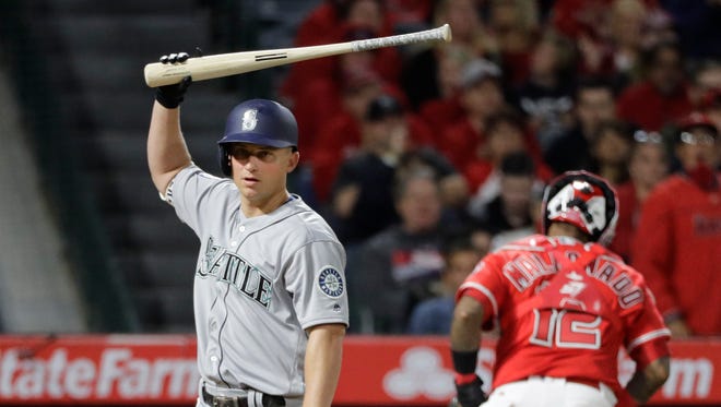 The Mariners' Kyle Seager reacts after striking out during the sixth inning Friday night.
