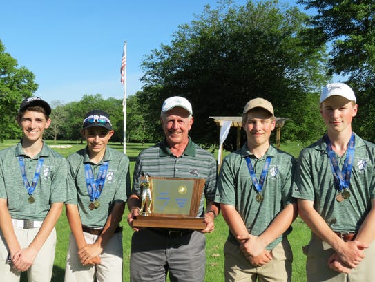 Midland Park won the Group 1 title at the NJSIAA Boys Golf Championship at Hopewell Valley Golf Club in Hopewell on Monday, May 21. From left: Matt Diani, Mikey Folignani, coach Dick Bennett, Sean Furlong, and Joe Furlong.
