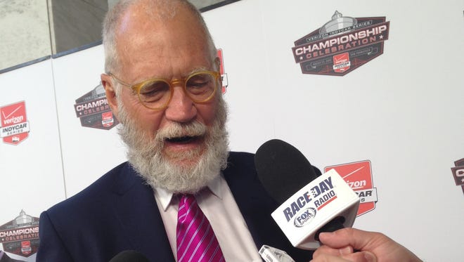 David Letterman talks with the media at the IndyCar finale Sunday, Aug. 30, 2015, at Sonoma, Calif.