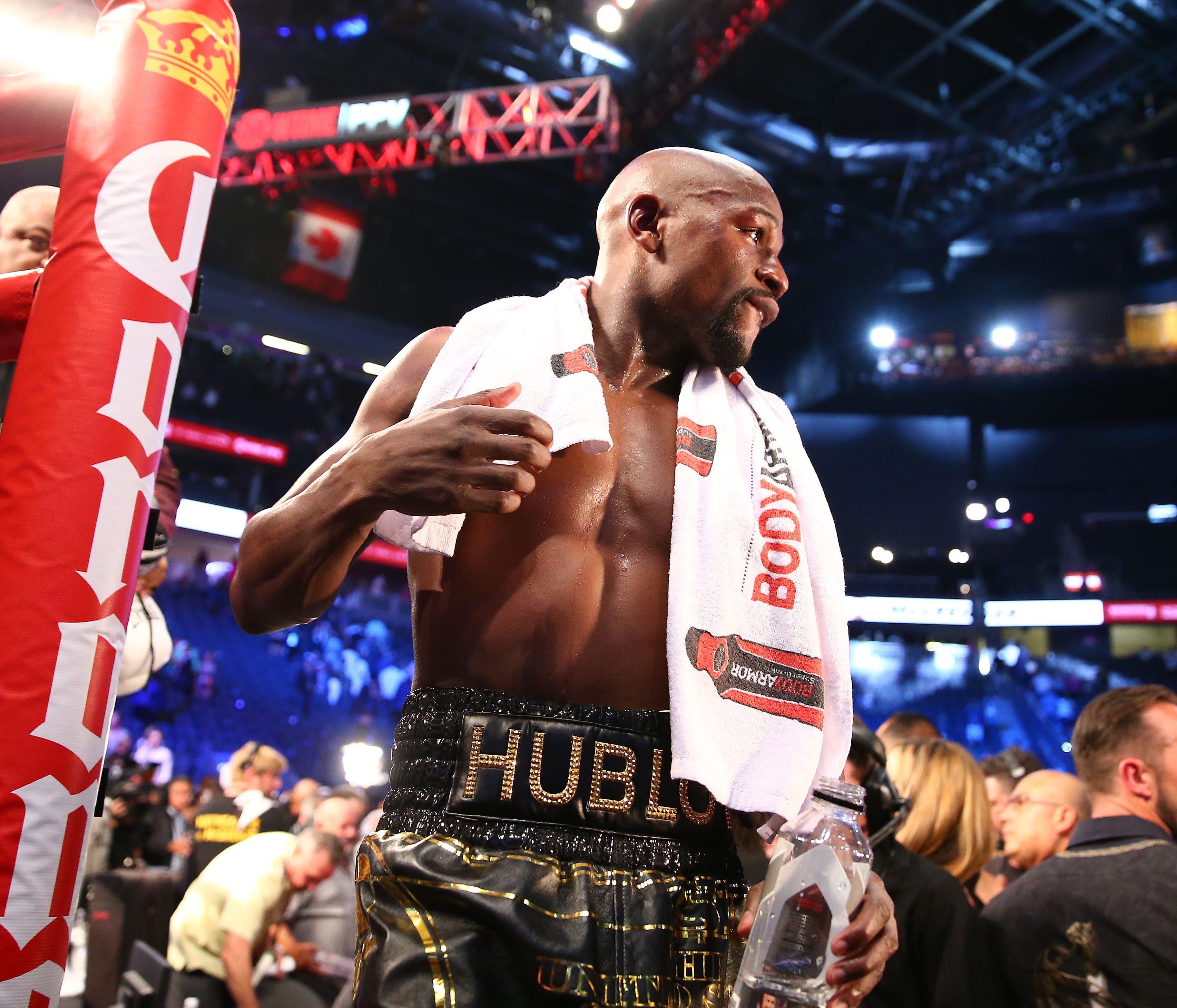 Floyd Mayweather Jr. following his tenth round TKO victory against Conor McGregor at T-Mobile Arena. Mandatory Credit: Mark J. Rebilas-USA TODAY Sports