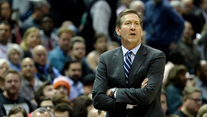 New York Knicks head coach Jeff Hornacek yells from the sidelines during the first half of an NBA basketball game against the Milwaukee Bucks Wednesday, March 8, 2017, in Milwaukee.