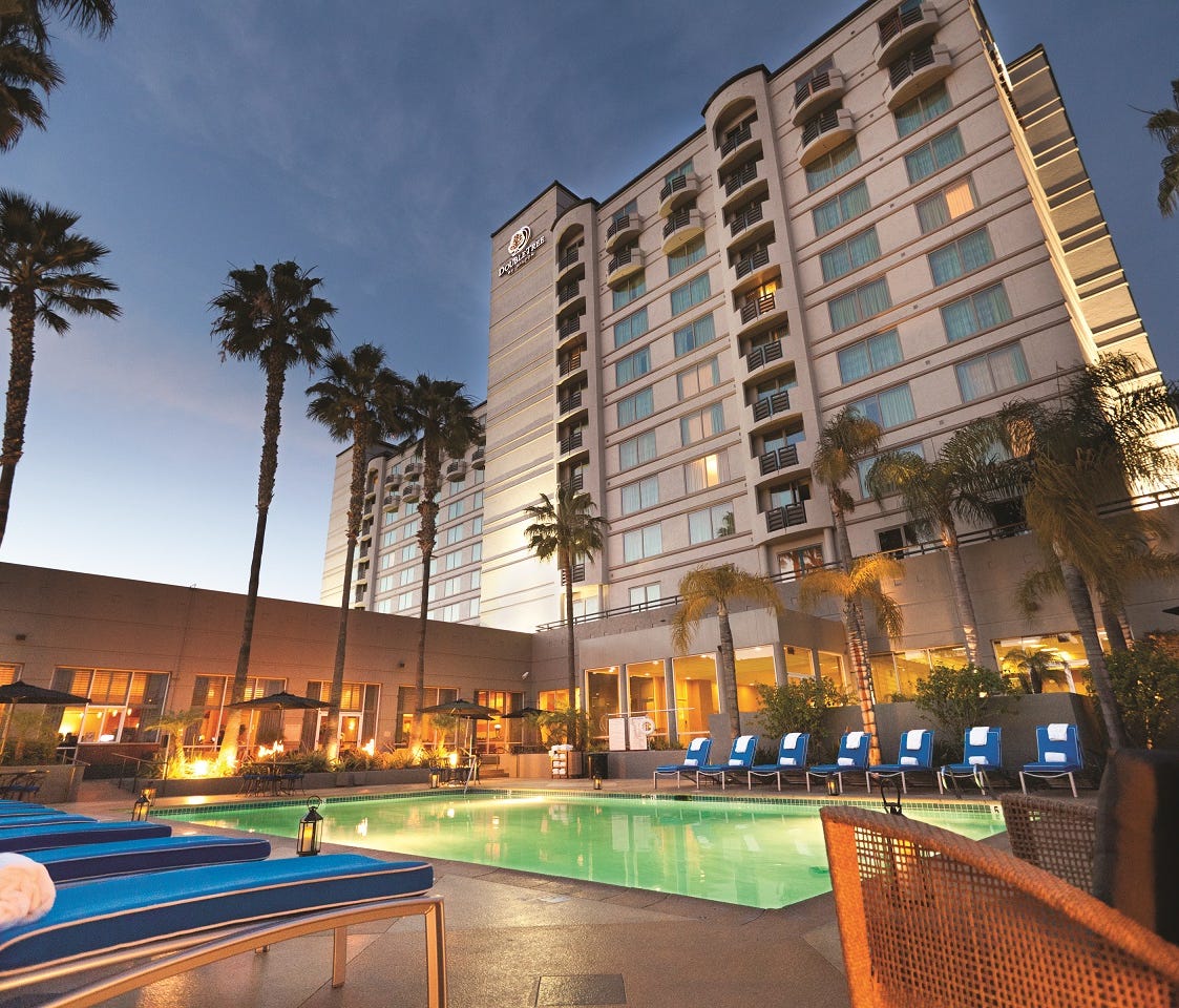 This is the Doubletree by Hilton in Mission Vallery, San Diego. The brand is known for its warm cookies handed out at check-in.