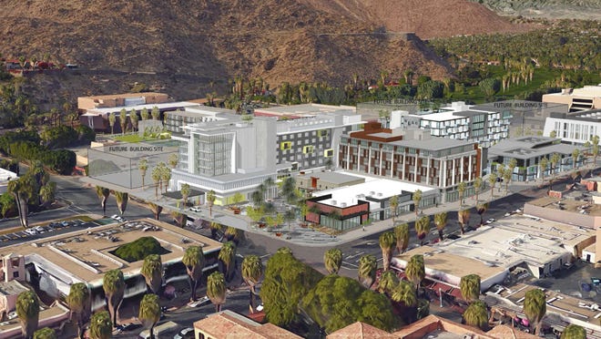 An Architect’s sketch of the Palm Springs downtown redevelopment looking northwest from above the corner of Tahquitz Canyon Way and Palm Canyon Drive.