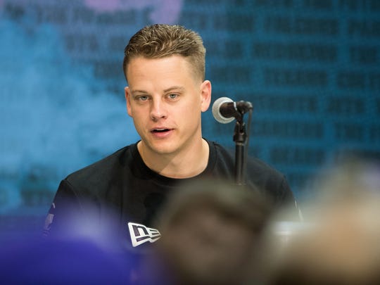 Feb 25, 2020; Indianapolis, Indiana, USA; Louisiana State quarterback Joe Burrow (QB02) speaks to the media during the 2020 NFL Combine in the Indianapolis Convention Center. Mandatory Credit: Trevor Ruszkowski-USA TODAY Sports