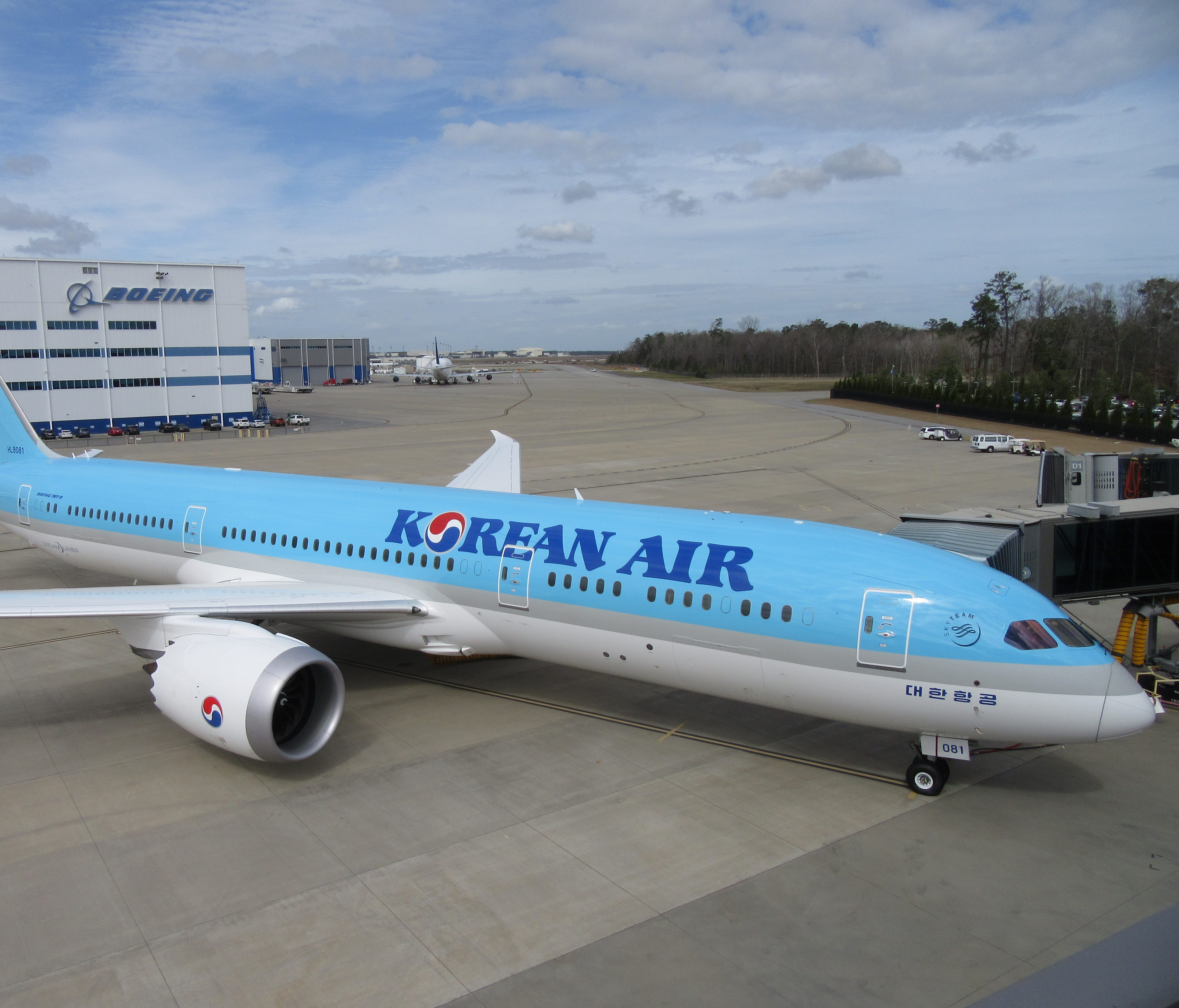 Korean Air's first Boeing 787-9 Dreamliner is seen during delivery ceremony festivities at Boeing's 787 facilities in North Charleston, S.C., on Feb. 22, 2017.