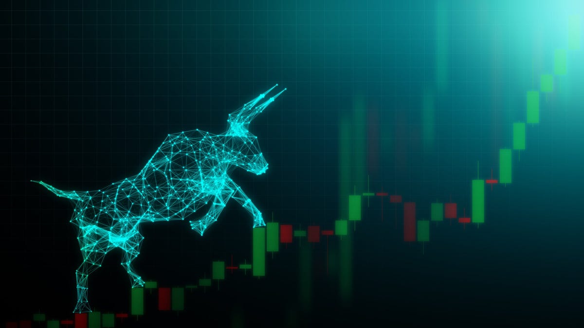Bull market depiction showing an electronic bull climbing a stock chart.