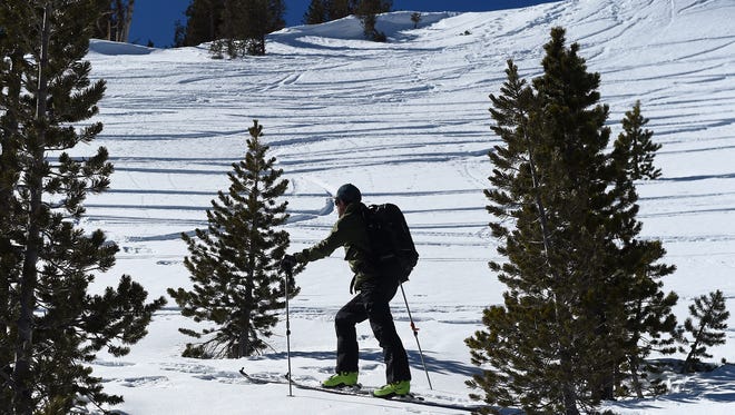 Owner of the Tahoe Mountain School and official observer for the Sierra Avalanche Center Steve Reynaud skins up a northeast slope on Mount Tamarack near the top of Mt. Rose Highway south of Reno on Feb. 24, 2015.