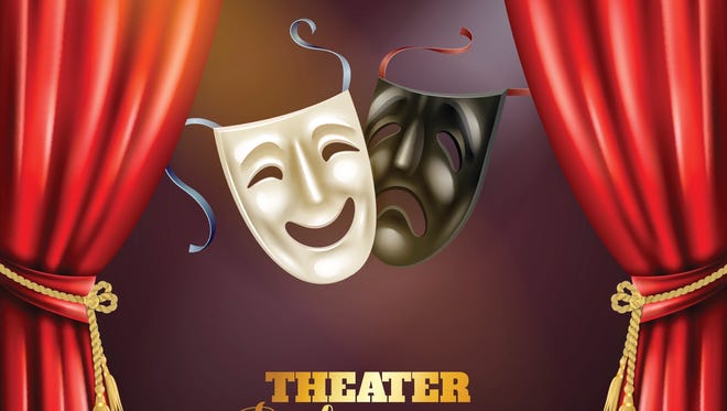 Theatre performance realistic background with comedy and tragedy masks vector illustration