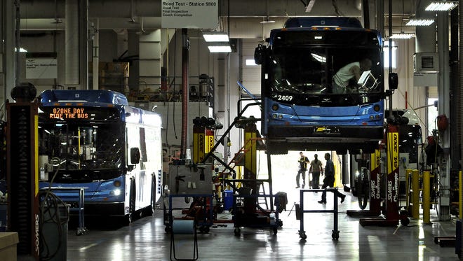 A nearly completed bus is elevated above the floor at a portion of the New Flyer plant in St. Cloud in 2012.
