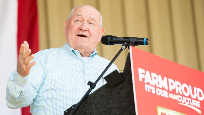 U. S. Department of Agriculture Secretary Sonny Perdue speaks at a Tax Day event held at the Knox Farmers Cooperative on Tuesday, April 17, 2018. 