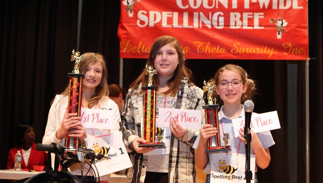 Barkers Mill's Alee Millikan took first place at the 35th annual countywide spelling bee Monday. Barksdale's Tyra Montgomery finished in second place, and Immaculate Conception student Katie Stafford finished in third place.