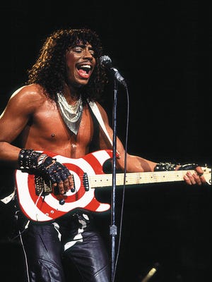 Rick James in concert 9/9/83 in Merrilville, In. From the book "Glow: The Autobiography of Rick James" with David Ritz. CREDIT: Paul Natkin, WireImage [Via MerlinFTP Drop]