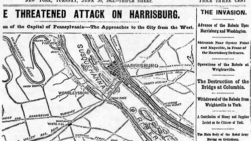 The New York Herald reported on the Confederate threat to Harrisburg, the burning of the Wrightsville bridge and other developments from the rebel occupation of York County in its Tuesday, June 30, edition. This map focuses on the rebel advance toward the west bank of the Susquehanna River opposite Harrisburg. The availability of the telegraph enabled correspondents to send news about the withdrawal of the rebels from Wrightsville to York and other events in time for Tuesday publication.