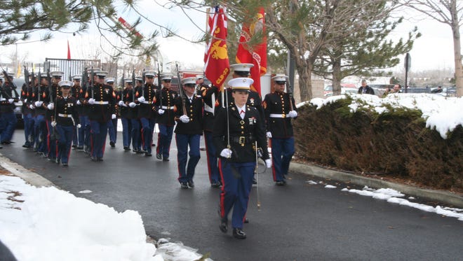 A Marine Corps color guard leads a procession at the funeral service of Lt. Gen. Martin Brandtner on Jan. 18 at Northern Nevada Veterans Cemetery in Fernley.