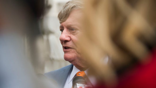 Attorney Rusty Hardin, representing former Pilot Flying J President Mark Hazelwood, speaks to the media outside the federal courthouse in Chattanooga on Thursday, Feb. 15, 2018.
