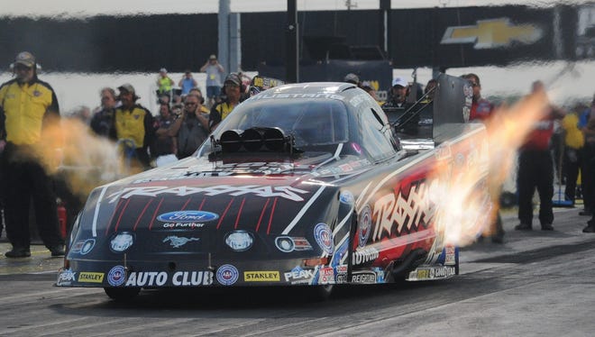 Countney Force  leaves the line during the NHRA U.S. Nationals at Lucas Oil Raceway, Friday.