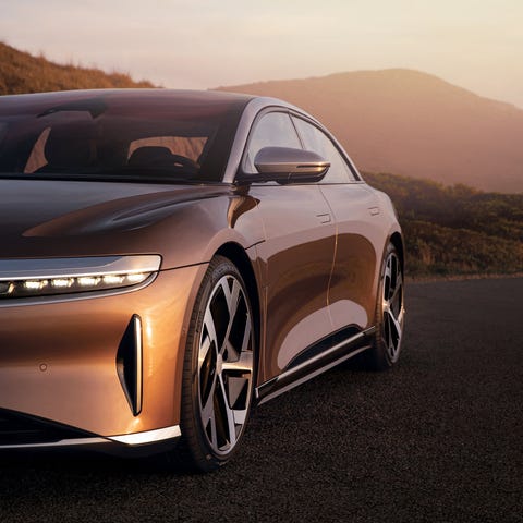 Lucid Air sedan with a mountain in the background