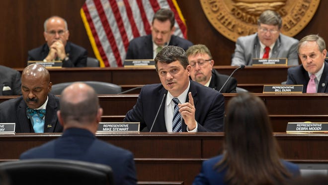 Representative Mike Stewart asks for Tennessee Commissioner of Education Dr. Candice McQueen to resign during her testimony before the House Government Operations committee at the Cordell Hull Building in Nashville, Tenn., Wednesday, April 18, 2018.