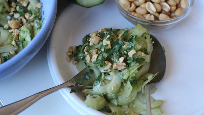 Thai cucumber salad features crunchy cucumbers enhanced with just a bit of citrus, soy sauce and a few other Thai ingredients.