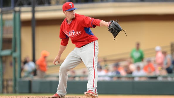Phillies' Ken Giles pitches during the Spring Training game against the Detroit Tigers at Joker Marchant Stadium on March 14. Mark Cunningham/MLB Photos via Getty Images