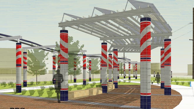An installation of ceramic-clad columns, with stripes inspired be the old railroad, is slated for construction in 2016 at the Raccoon River Valley Trailhead in Waukee.