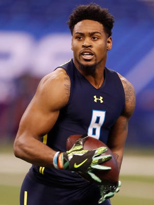 Gareon Conley participates in workout drills during the 2017 NFL Combine at Lucas Oil Stadium.