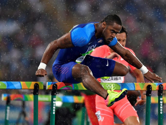 USA's Jeff Porter competes in the men's 110-meter hurdles