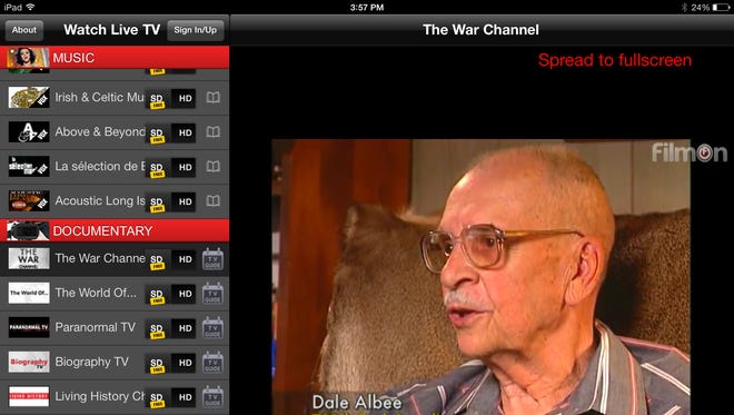 In this screenshot made Wednesday, June 25, 2014 shows The War Channel as viewed on FilmOn's ipad app. FilmOn offers over-the-air TV channels through a website and mobile apps.
