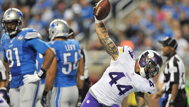 Former Vikings running back Matt Asiata (44) will work out alongside rookies during the Lions' rookie minicamp.