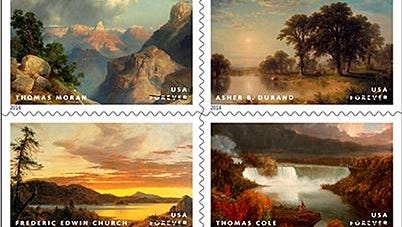 Hudson River School stamps released Thursday by the United States Postal Service. The stamps are 12th in the USPS’s “American Treasures” series and feature paintings by Thomas Cole, Asher B. Durand, Frederic E. Church and Thomas Moran.