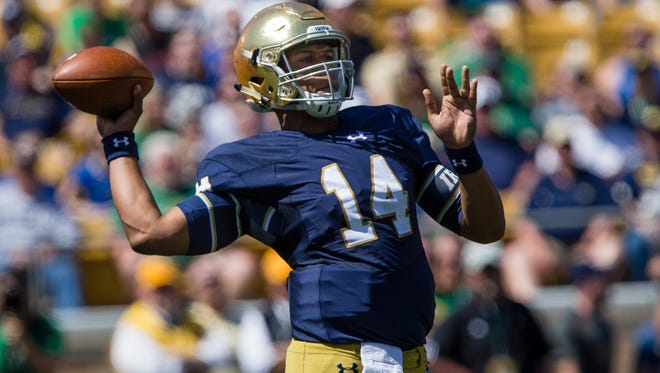 Notre Dame quarterback Kizer DeShone makes a throw during the Blue-Gold spring NCAA college football game, Saturday, April 16, 2016, at Notre Dame Stadium in South Bend.
